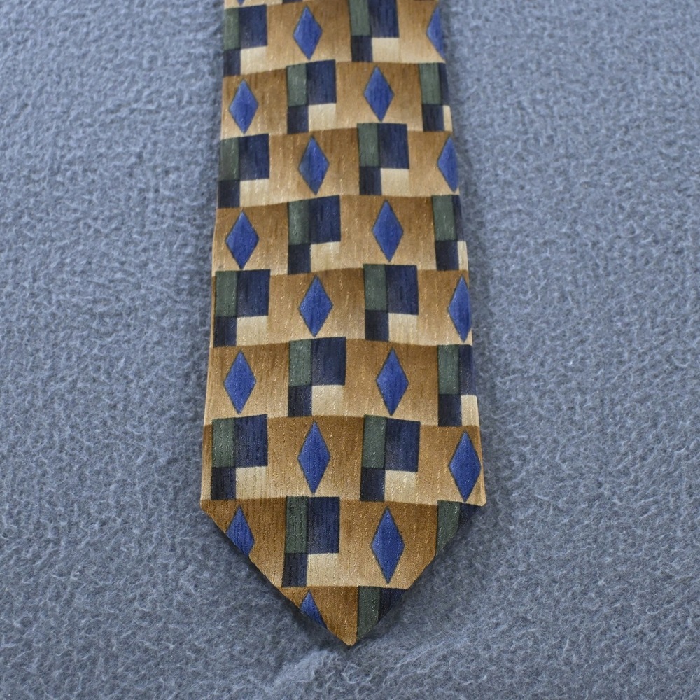 Cocktail Collection Mens Vintage 90s Geometric Silk Necktie OS Gold Blue Green